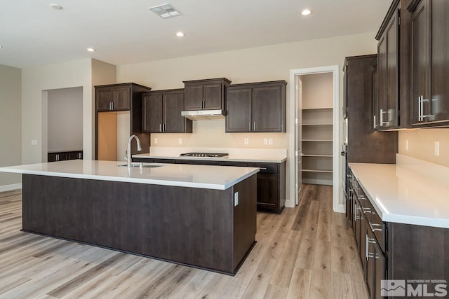 kitchen with an island with sink, sink, stainless steel gas cooktop, dark brown cabinets, and light wood-type flooring