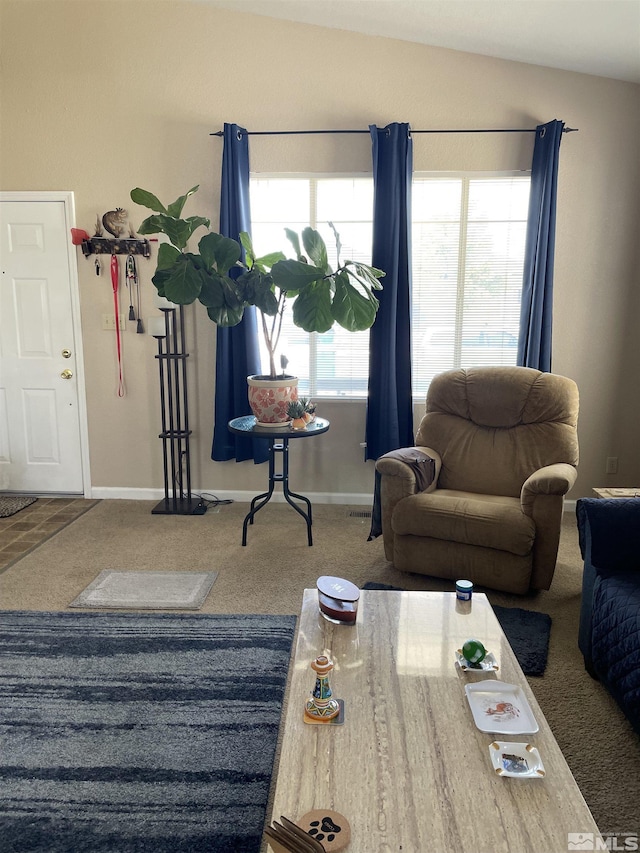 living area featuring baseboards, vaulted ceiling, and carpet flooring