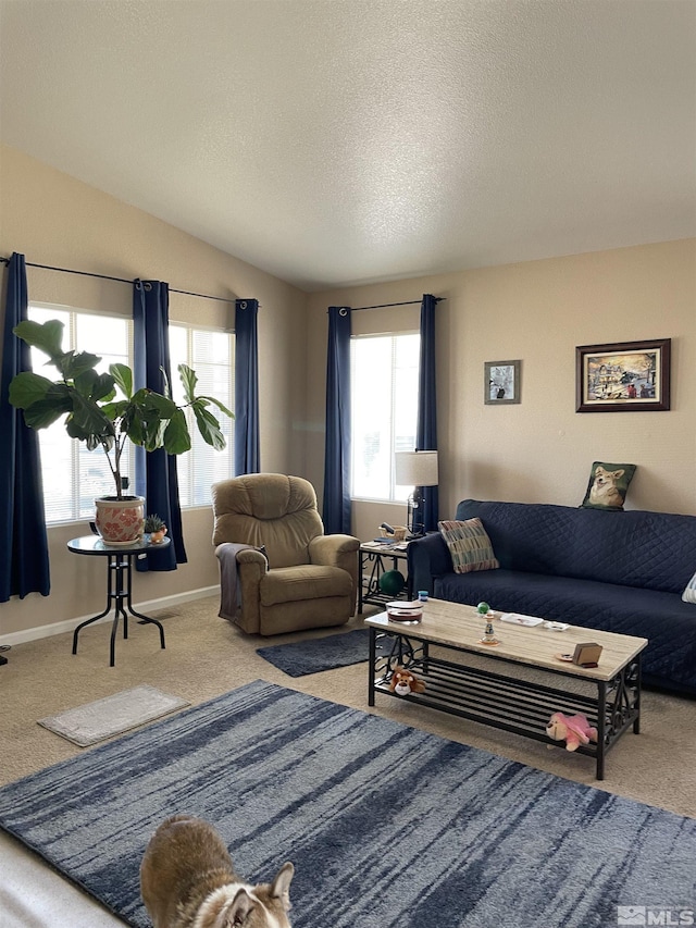 carpeted living room featuring a textured ceiling, baseboards, vaulted ceiling, and a wealth of natural light