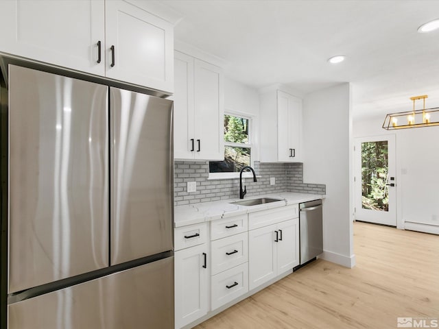 kitchen with white cabinetry, stainless steel appliances, sink, and backsplash