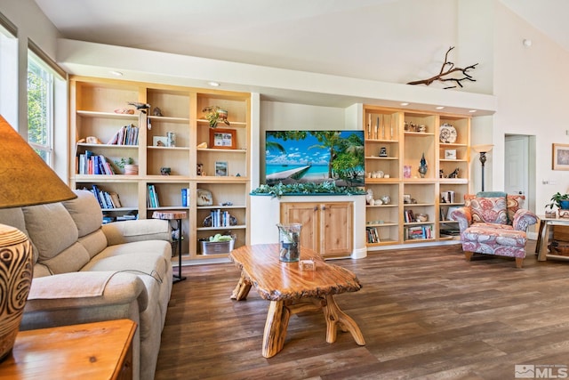 living room featuring high vaulted ceiling and dark wood finished floors