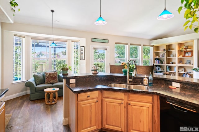 kitchen with black dishwasher, brown cabinets, open floor plan, hanging light fixtures, and a sink