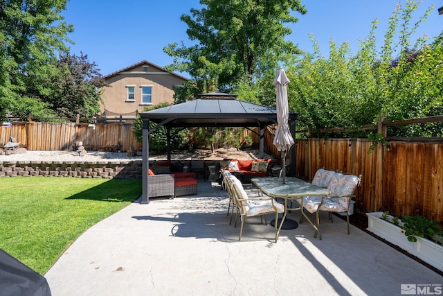 view of patio / terrace with an outdoor hangout area and a gazebo