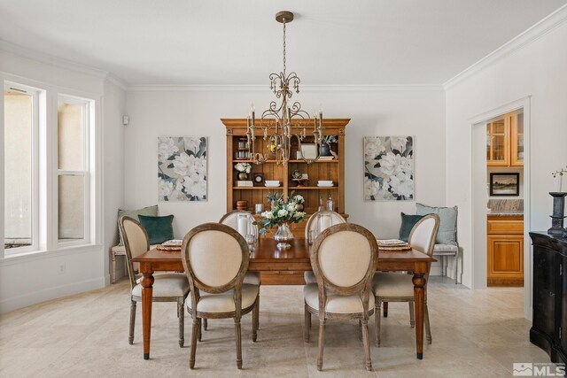 dining room with light tile patterned flooring, a chandelier, and crown molding