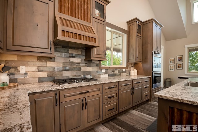 kitchen featuring dark hardwood / wood-style floors, a healthy amount of sunlight, custom range hood, and tasteful backsplash