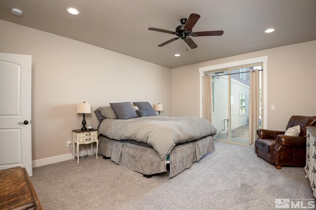 bedroom featuring light carpet, ceiling fan, and access to exterior