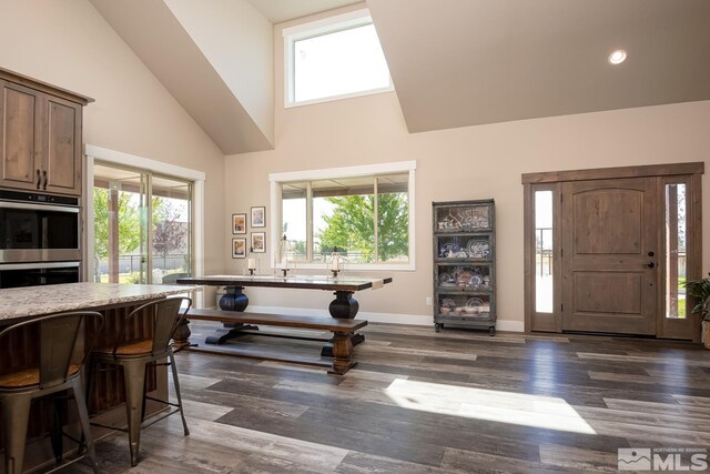 interior space with dark hardwood / wood-style flooring and high vaulted ceiling