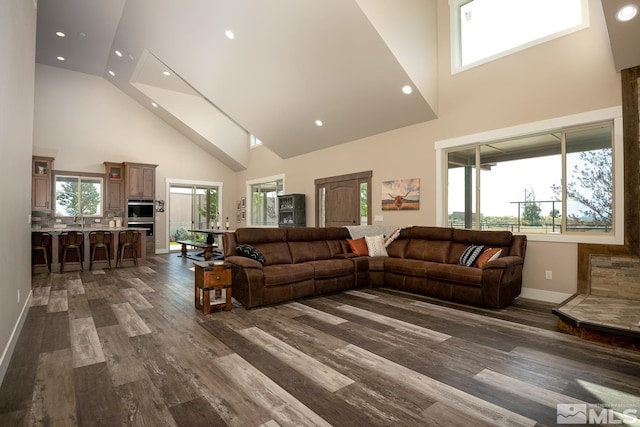 living room with dark hardwood / wood-style floors, a healthy amount of sunlight, and high vaulted ceiling