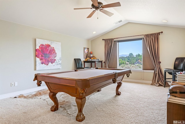 recreation room featuring light carpet, pool table, vaulted ceiling, and ceiling fan