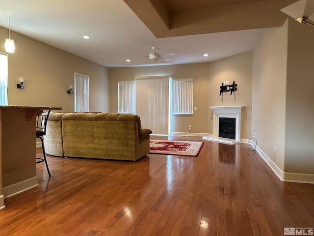 living room featuring hardwood / wood-style floors and ceiling fan