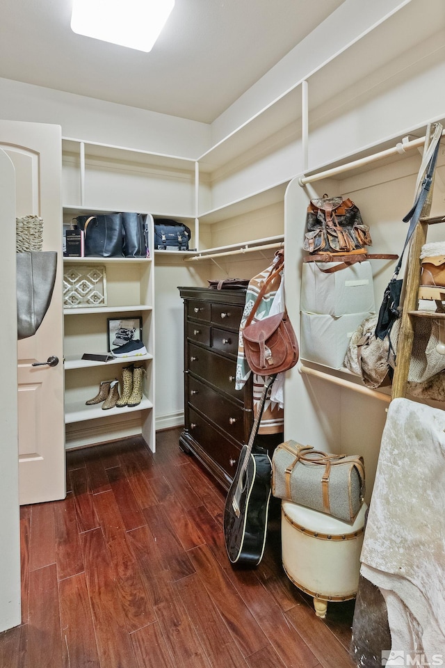 walk in closet with dark hardwood / wood-style floors