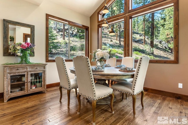 dining room with lofted ceiling and hardwood / wood-style floors