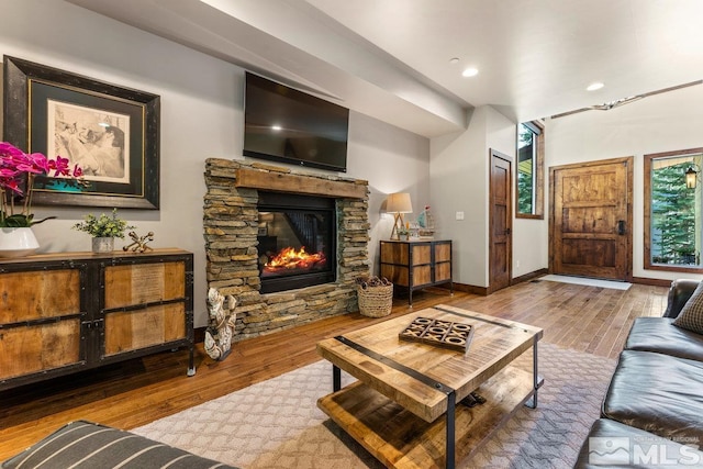 living room with wood-type flooring and a fireplace