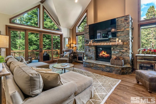 living room with hardwood / wood-style flooring, a stone fireplace, and high vaulted ceiling