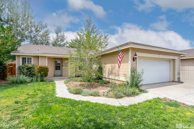 ranch-style home with a garage and a front yard