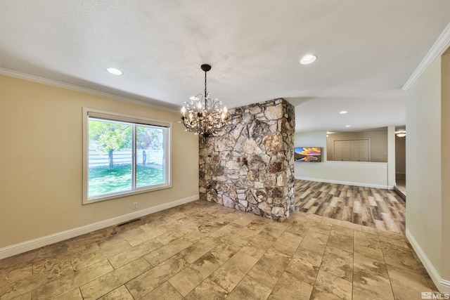 interior space with light hardwood / wood-style floors, crown molding, and a notable chandelier