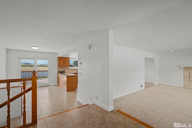 empty room with crown molding, a textured ceiling, and light colored carpet