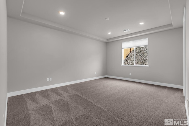 carpeted empty room featuring a raised ceiling