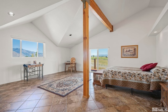 bedroom with high vaulted ceiling, tile patterned floors, beam ceiling, and access to exterior