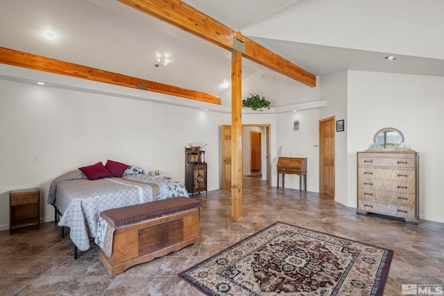 tiled bedroom with lofted ceiling with beams