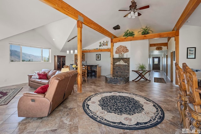 tiled living room featuring high vaulted ceiling, ceiling fan, and beam ceiling