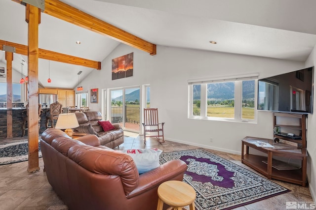 living room with high vaulted ceiling, beamed ceiling, a wealth of natural light, and light tile patterned floors