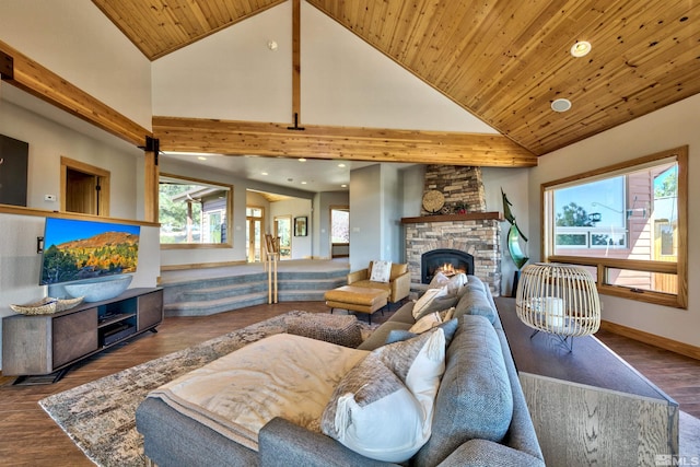 living room featuring high vaulted ceiling, a stone fireplace, wooden ceiling, and dark hardwood / wood-style floors