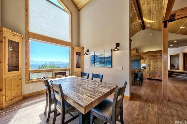 dining area with a mountain view, wood ceiling, high vaulted ceiling, and hardwood / wood-style flooring