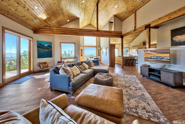 living room featuring high vaulted ceiling, hardwood / wood-style floors, and wooden ceiling