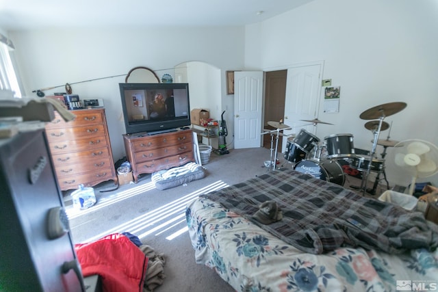 bedroom featuring carpet and lofted ceiling