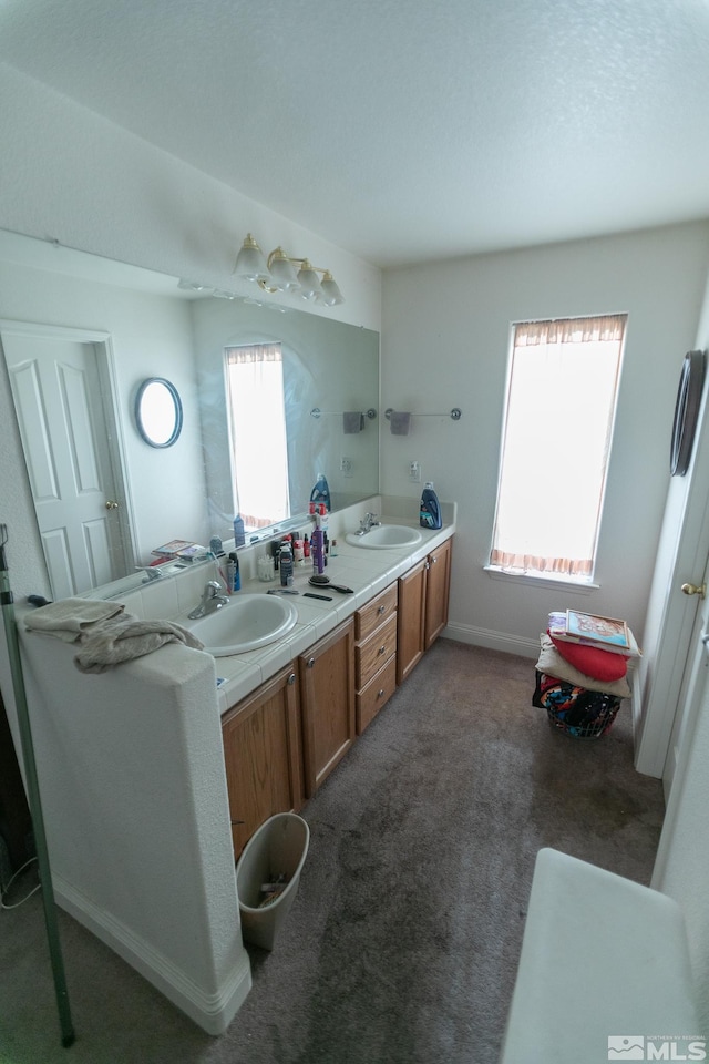 bathroom featuring dual bowl vanity and a wealth of natural light