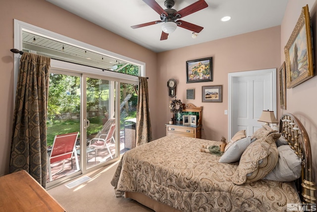 carpeted bedroom with access to outside and ceiling fan