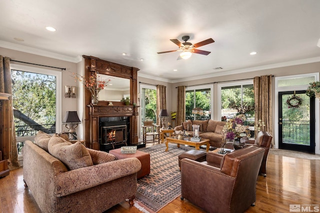 living room featuring hardwood / wood-style flooring, crown molding, a healthy amount of sunlight, and ceiling fan