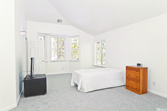 bedroom with lofted ceiling and carpet