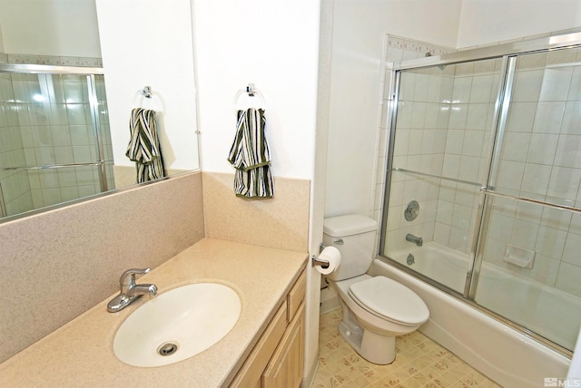 full bathroom with toilet, backsplash, tile patterned floors, enclosed tub / shower combo, and vanity