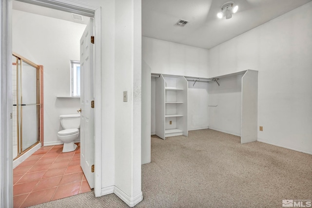 spacious closet featuring light carpet