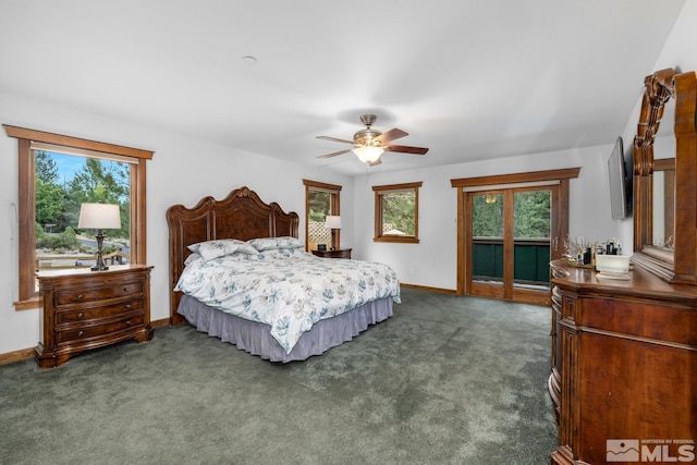 bedroom featuring ceiling fan, access to exterior, and carpet floors