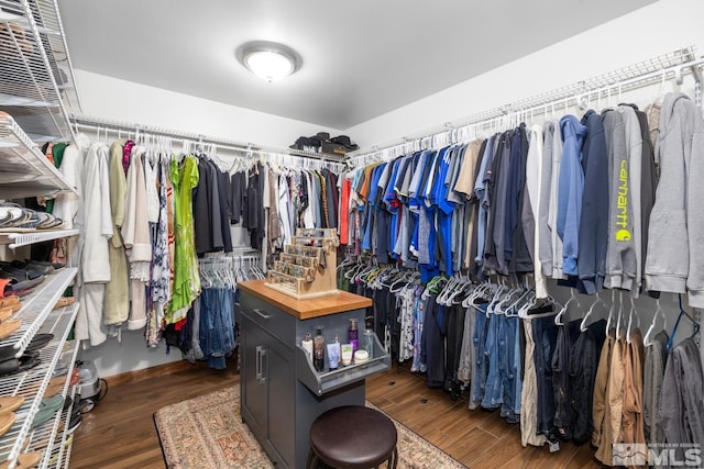 walk in closet with dark hardwood / wood-style floors