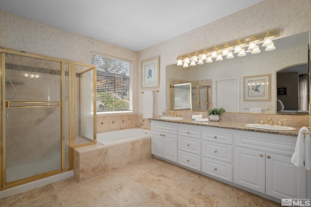 bathroom featuring tile patterned flooring, vanity, and plus walk in shower