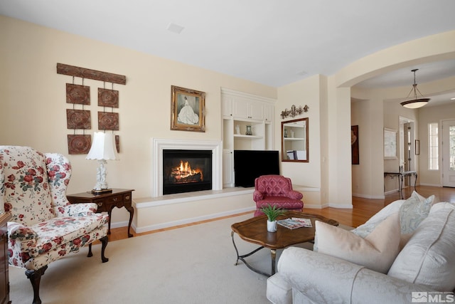 living room with built in features and light hardwood / wood-style flooring