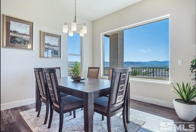 dining space featuring a chandelier, a mountain view, baseboards, and wood finished floors