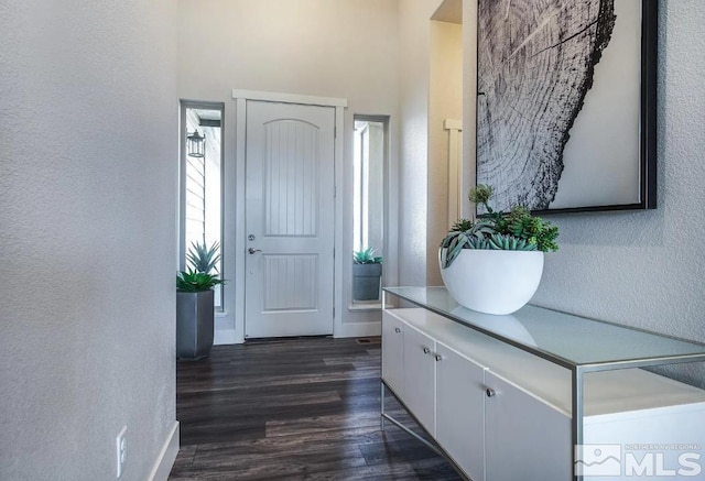 foyer featuring baseboards, dark wood finished floors, and a textured wall