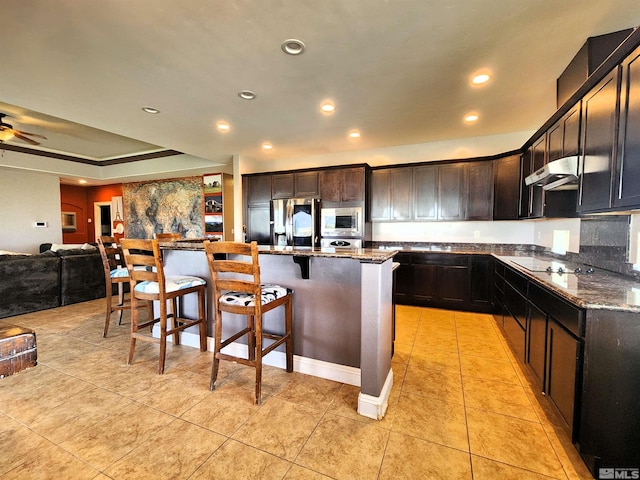 kitchen featuring a breakfast bar area, under cabinet range hood, stainless steel appliances, open floor plan, and dark stone counters