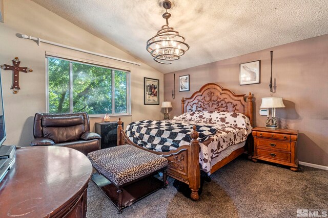 carpeted bedroom featuring a textured ceiling, vaulted ceiling, and a chandelier