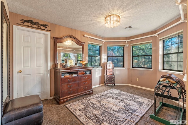 living area featuring a notable chandelier, carpet flooring, and a textured ceiling