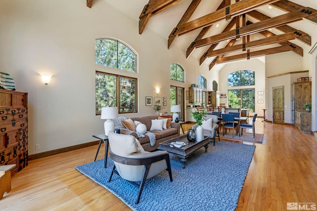 living room featuring plenty of natural light, high vaulted ceiling, light hardwood / wood-style floors, and beam ceiling