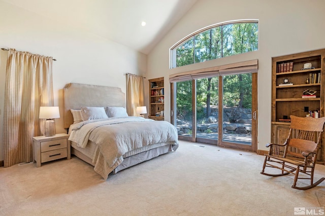 bedroom with high vaulted ceiling, access to exterior, and light colored carpet