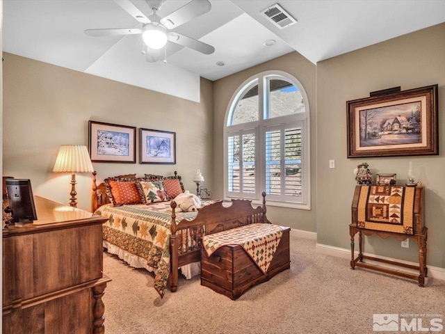 bedroom featuring carpet floors, visible vents, ceiling fan, and baseboards