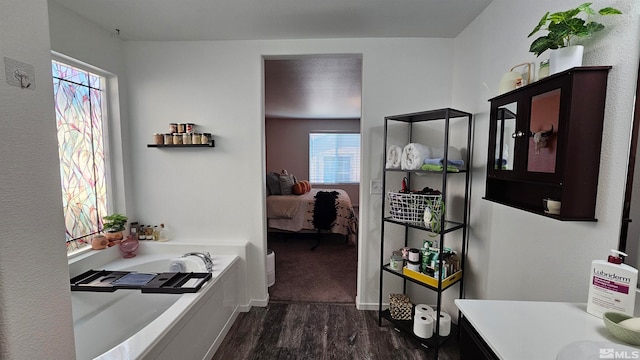 bathroom with hardwood / wood-style floors, a tub to relax in, vanity, and plenty of natural light