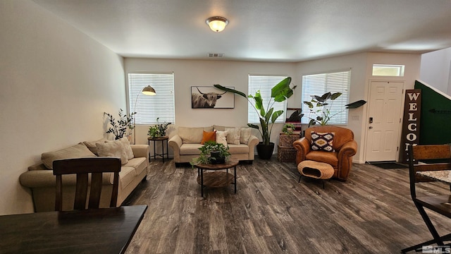 living room with dark wood-type flooring and a wealth of natural light